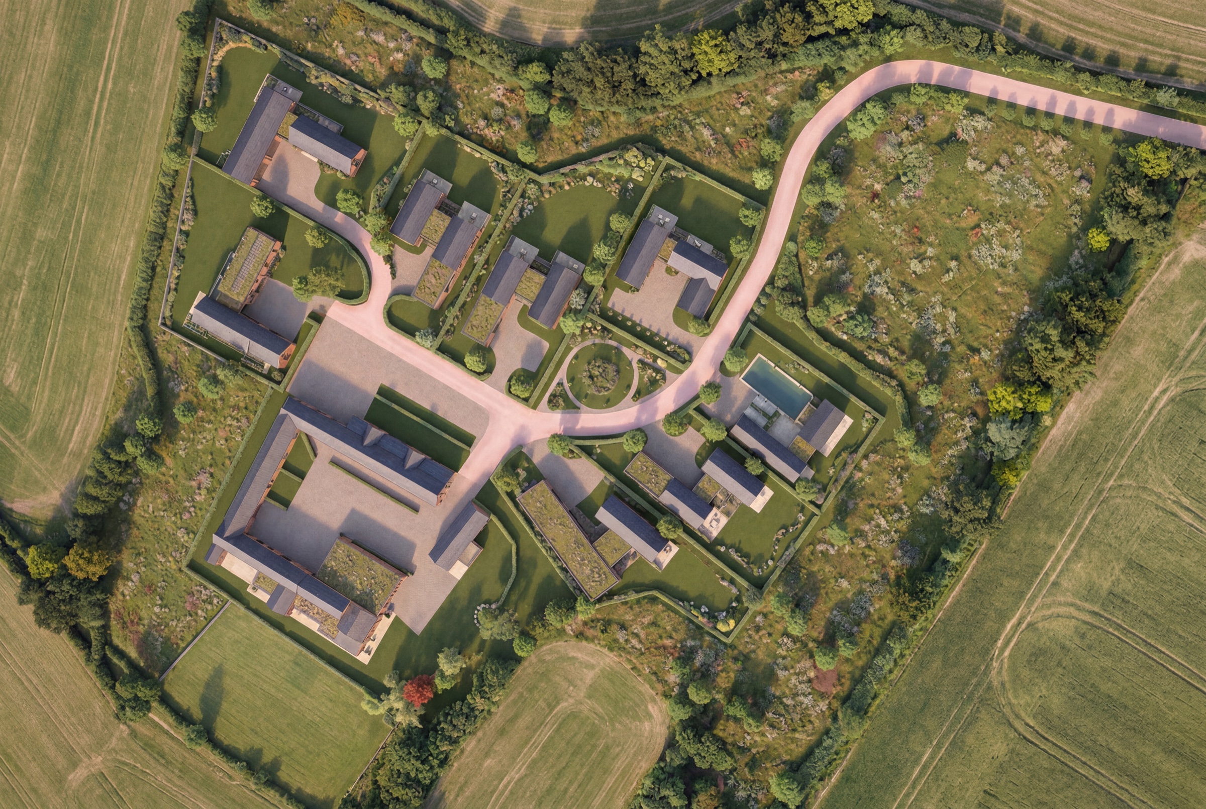 Aerial view of Hunting Butts showing the eight residences in plan